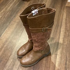 Nine West Kids Casey Pull-On Boot, Brown Leather & Suade 5M